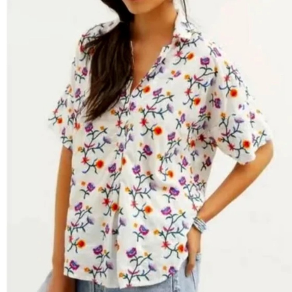 Anthropologie Floral Blouse - White, Purple, Orange - Picture 2 of 10